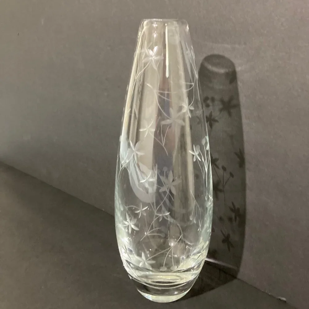 Krosno Poland Etched Glass Vase Minimalist Floral Pattern Polish Crystal